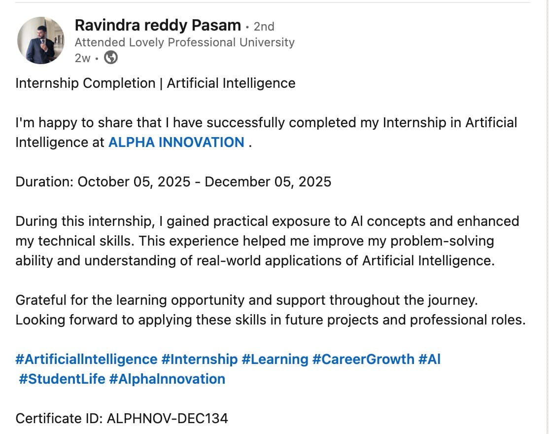 A. Sumisha Reddy LinkedIn testimonial about Alpha Innovation Artificial Intelligence Internship & Industrial Training