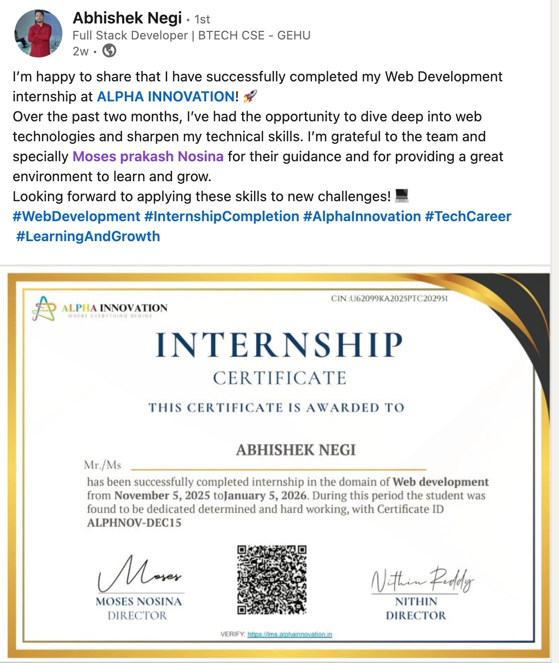 Abhishek Negi LinkedIn testimonial about Alpha Innovation Web Development Internship