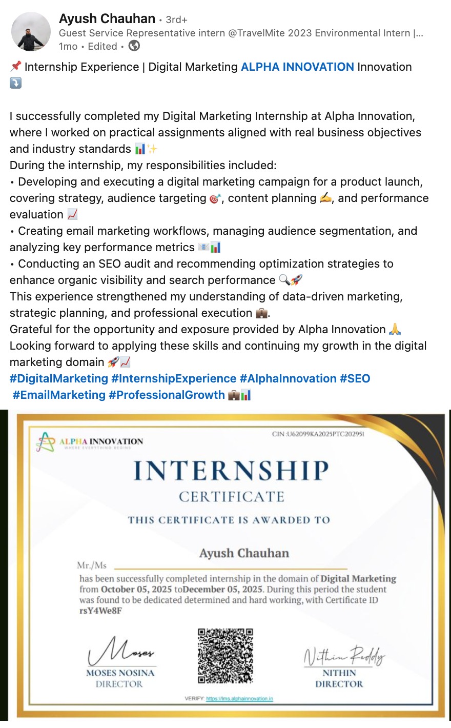 Ayush Chauhan LinkedIn testimonial about Alpha Innovation Digital Marketing Internship