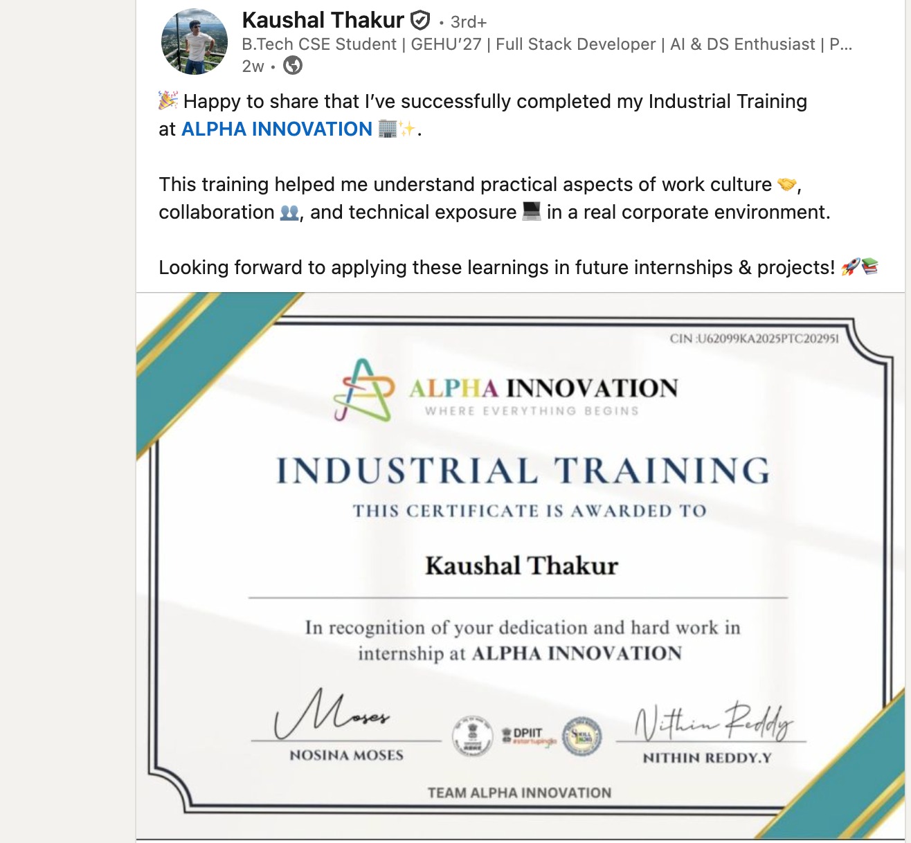 Kaushal Thakur LinkedIn testimonial about Alpha Innovation Industrial Training
