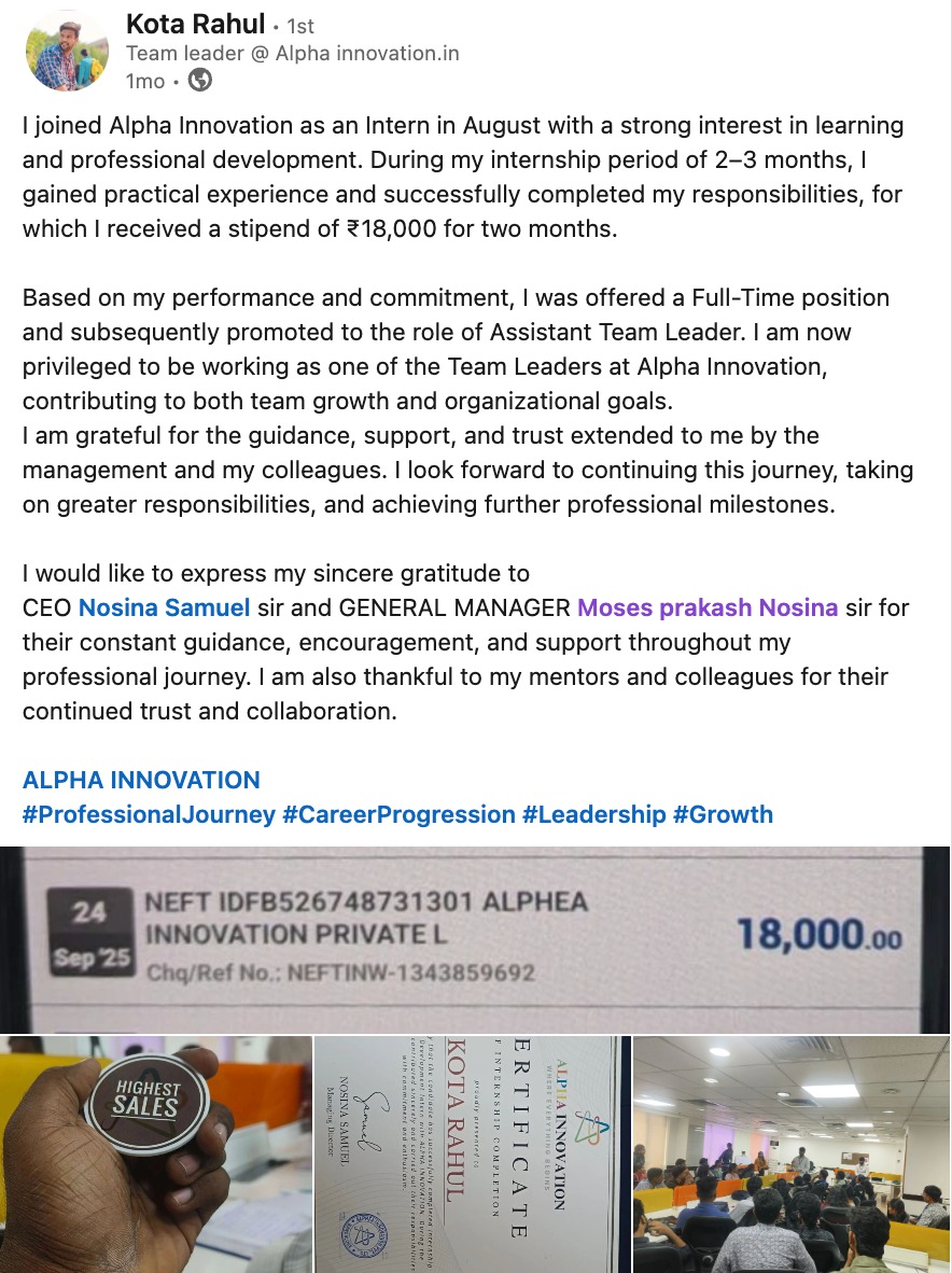 Kota Rahul LinkedIn testimonial about Alpha Innovation Internship to Full-Time