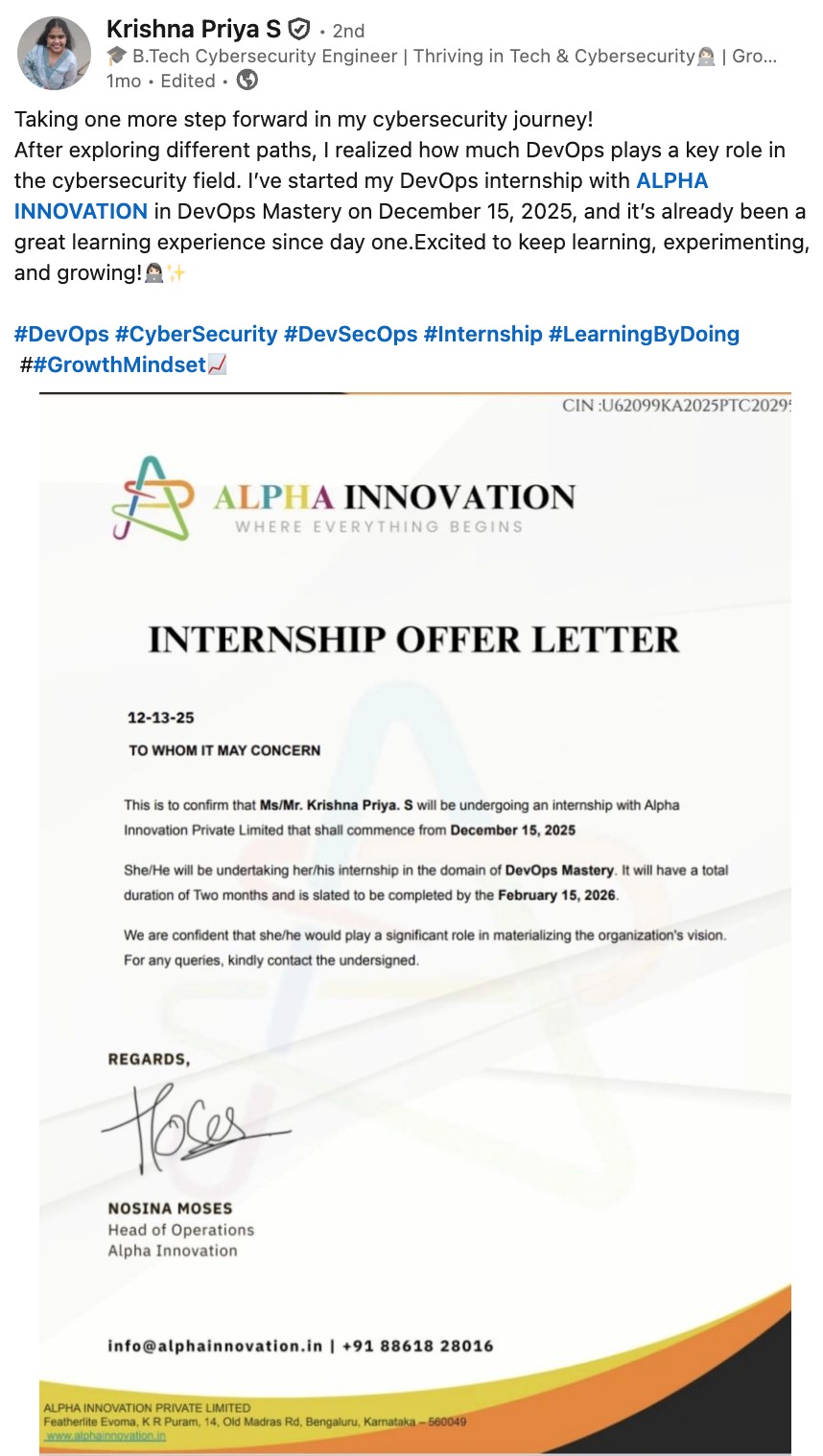 Krishna Priya S LinkedIn testimonial about Alpha Innovation DevOps Internship