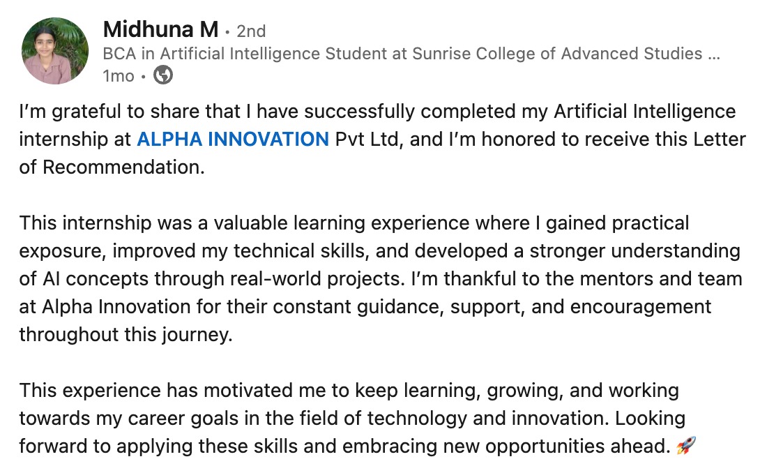 Midhuna M LinkedIn testimonial about Alpha Innovation Artificial Intelligence Internship