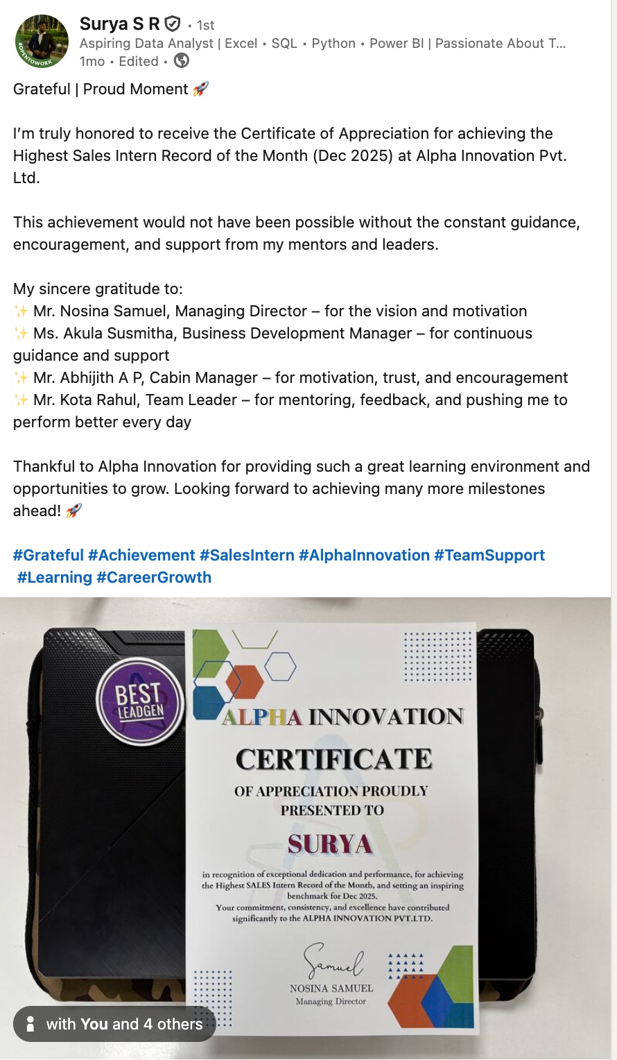 Surya S R LinkedIn testimonial about Alpha Innovation Sales Internship
