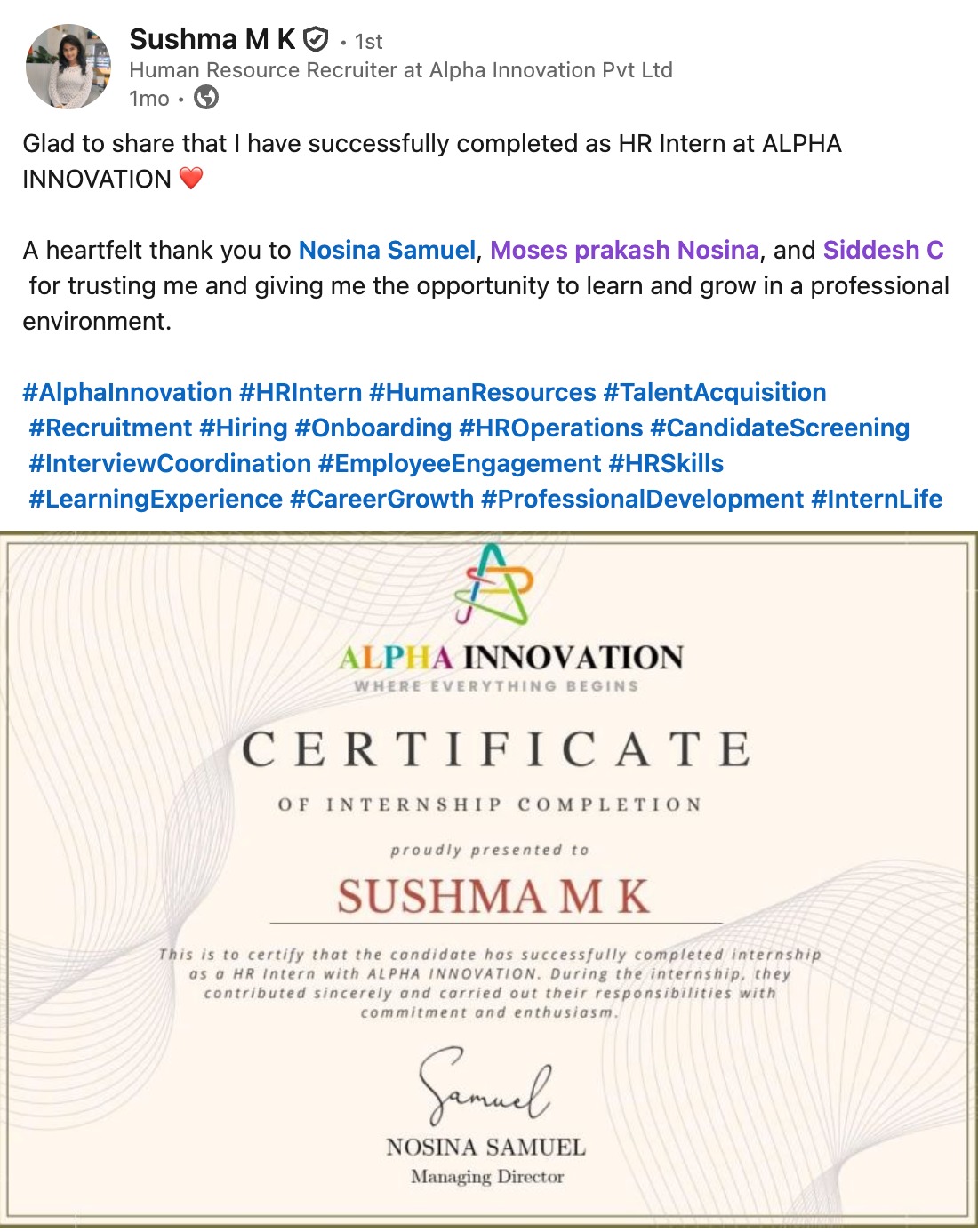 Sushma M K LinkedIn testimonial about Alpha Innovation HR Internship